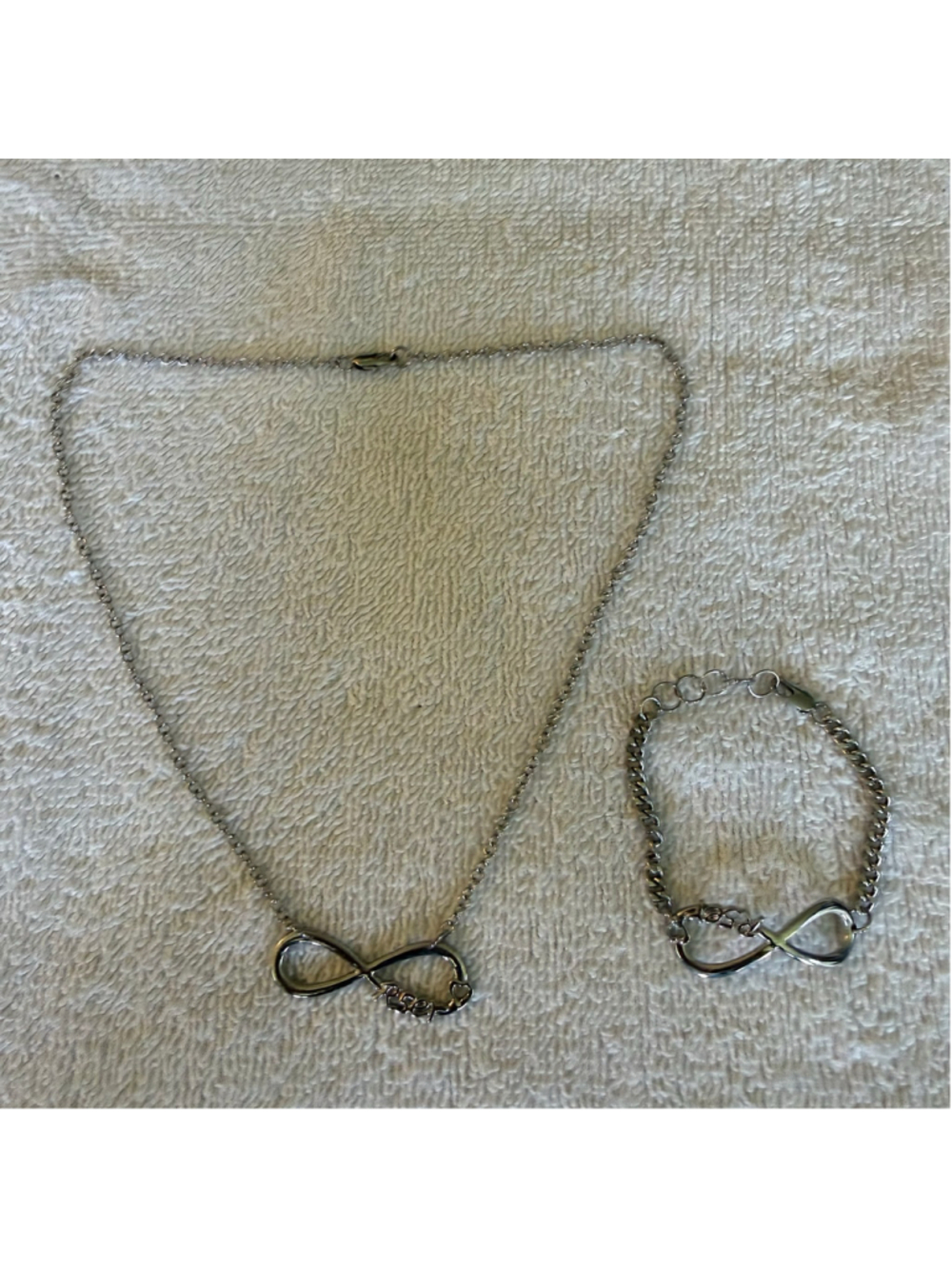 Rose Infinity Necklace & Bracelet Set Silver Tone Stainless Steel Heart Jewelry